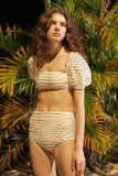 Light Yellow Hollow Out Puff Sleeve Seam Detail Bikini Set