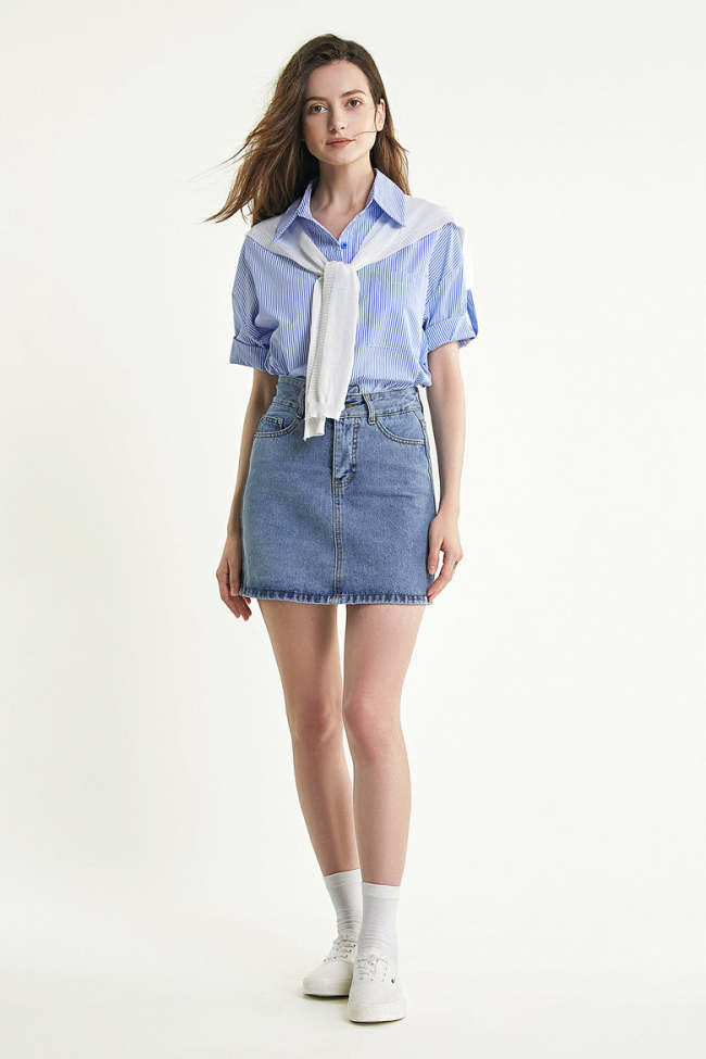 Light Steel Blue High Rise Mini Denim Skirt
