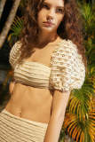 Light Yellow Hollow Out Puff Sleeve Seam Detail Bikini Set