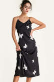 Black Satin Butterfly Print Spaghetti Strap Midi Dress