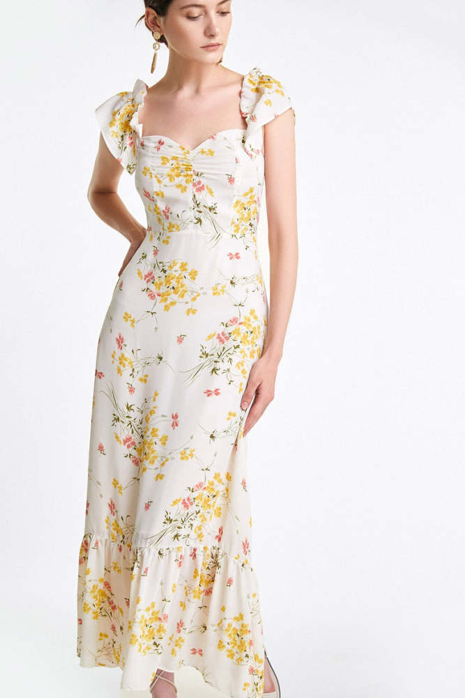 Flash Sale                Old Lace Floral Print Off-the-Shoulder Midi Dress