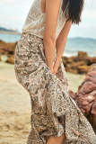 Linen Paisley Print Ruched Drawstring Elastic Waist Midi Skirt