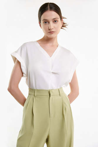 White Twist Front Rolled Cap Sleeve V-Neck Blouse