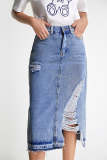Medium Blue Wash Ripped Midi Denim Skirt