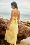 Lemon Chiffon Checked Crinkled Halterneck Cut Out Tie Back Maxi Dress