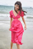 Deep Pink Cut Out Waist Smocked Puff Sleeve Maxi Dress