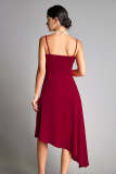 Dark Red Spaghetti Strap Asymmetric Hem Midi Dress