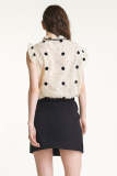 Beige Sleeveless Jacquard Polka Dot Ruffled Blouse