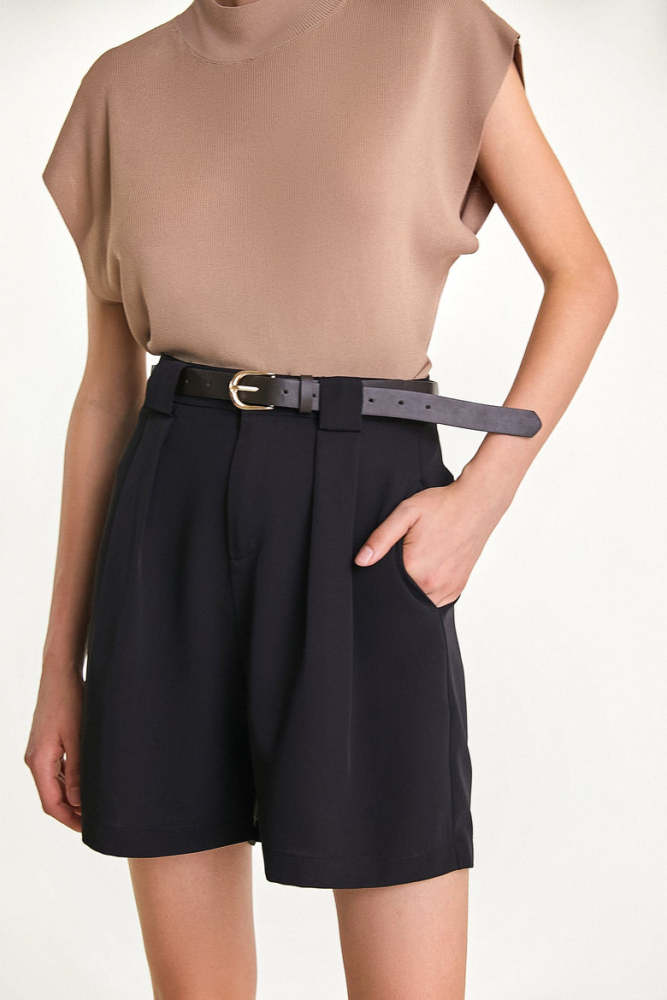 Black Longline Pleat Detail Belted Shorts