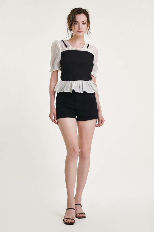Black Ribbed Ruffled Patchwork Blouse