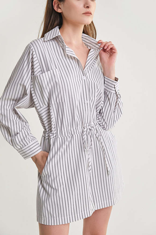 White Striped Drawstring Waist Shirt Romper