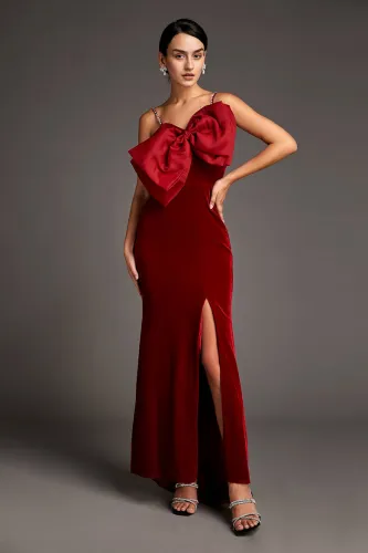 Dark Red Front Bow Side Slit Mermaid Maxi Dress