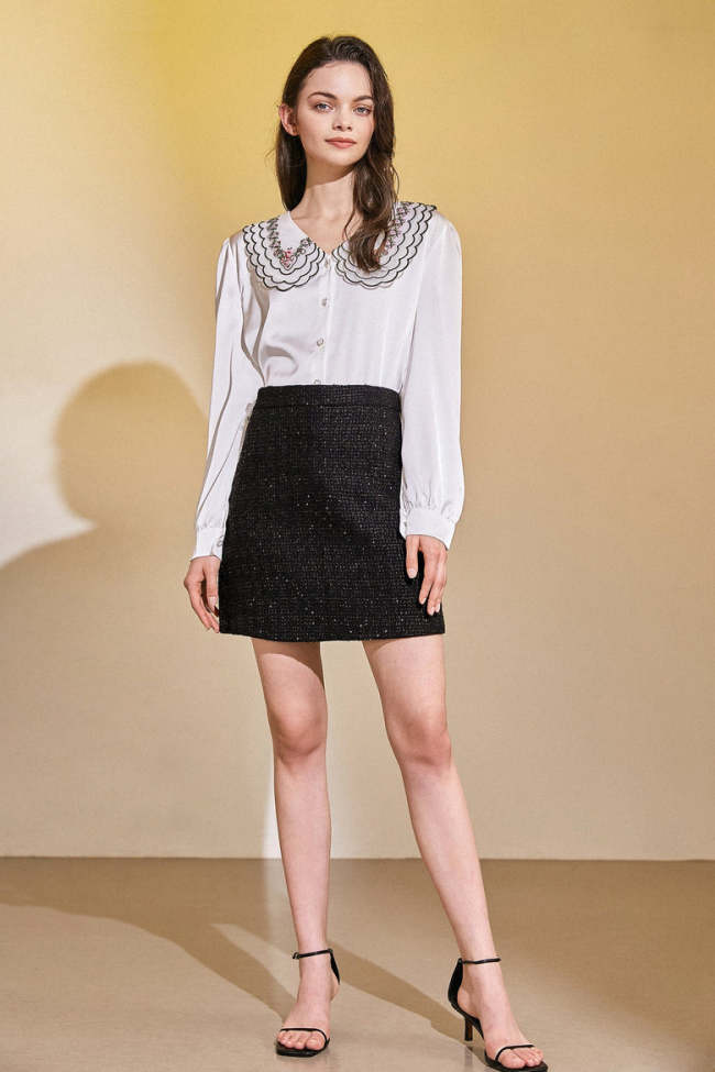 White Embroidered Layered Collar Shirt