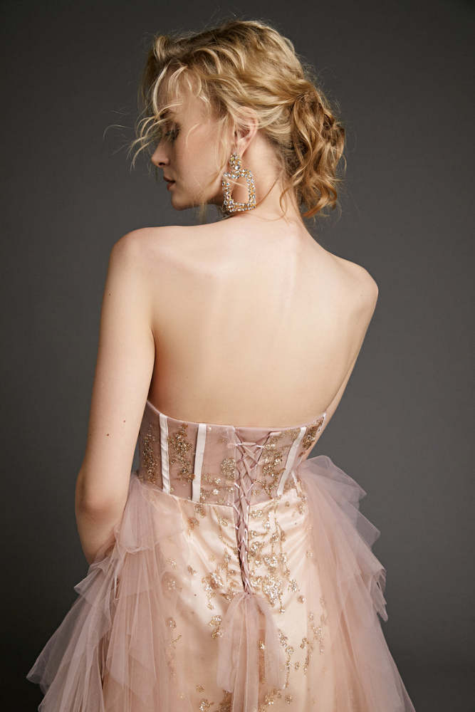 Pink Strapless Sequin Lace-Up Back Tulle Maxi Dress