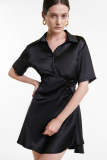 Black Ruched Short Sleeve Shirt Dress