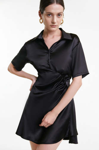 Black Ruched Short Sleeve Shirt Dress