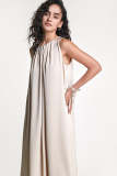 Tan Satin Sleeveless Pleated Midi Dress