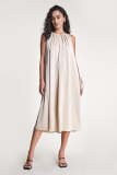 Tan Satin Sleeveless Pleated Midi Dress