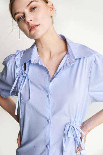 Light Sky Blue Button Front Cut Out Drawstring Shirt Dress