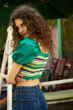 Sea Green Striped Puff Sleeve Knitted Crop Top