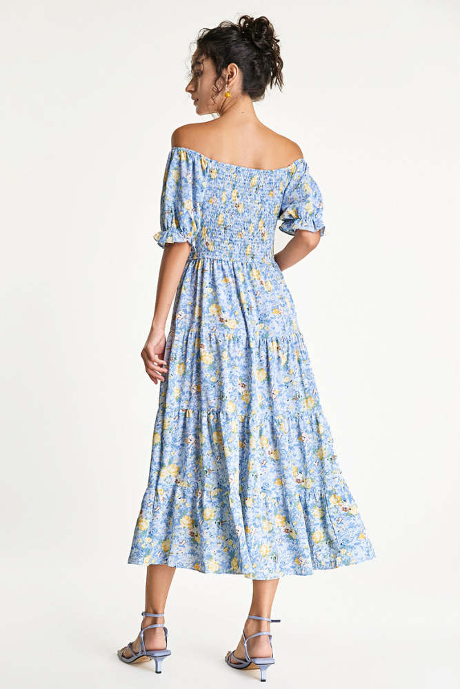 Light Blue Off-the-Shoulder Floral Print Smocked Midi Dress