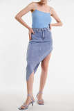 Light Steel Blue Asymmetric Hem Denim Skirt