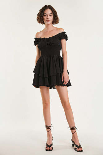 Black Off-the-Shoulder Swiss Dot Smocked Tiered Mini Dress
