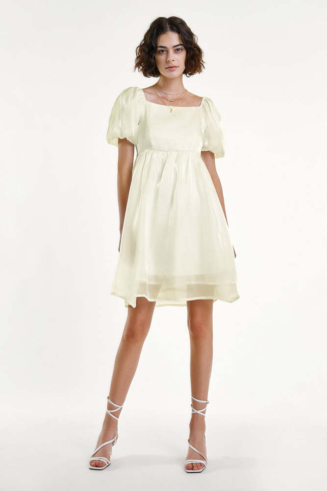 White Puff Sleeve Square Neck Chiffon Mini Dress