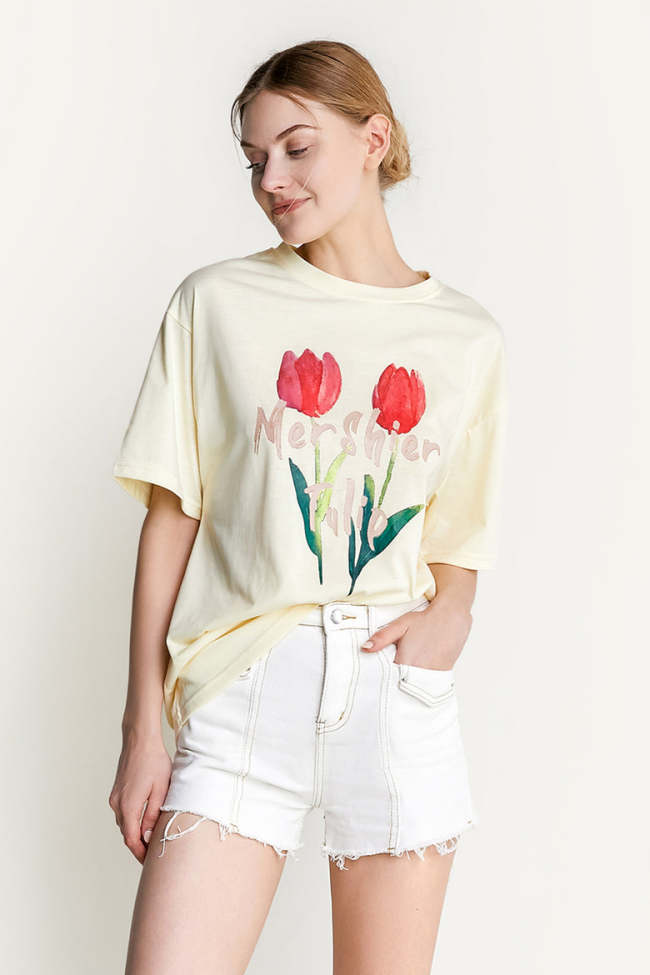 Old Lace Tulip Print Oversized Cotton T-shirt