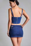 Dark Blue Zip-Back Seam Detail Denim Crop Top