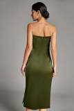 Dark Green Satin Faux-Pearl Strap Cowl Neck Side Slit Midi Dress