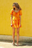 Orange Embroidery Puff Sleeve Ruffle Trim Mini Dress