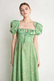Dark Sea Green Floral Print Square Neck Tie Detail Slit Hem Maxi Dress