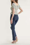 Dark Blue Wash High Rise Flared Jeans With Split Hem
