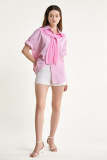 Pink Striped Roll-Tab Sleeve Shirt With Square Scarf Shawl