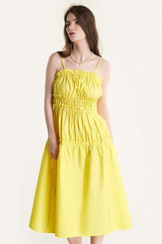Yellow Tie Back Smocked Ruffled Trim Midi Dress