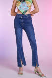 Dark Blue Flared Slit Hem Jeans