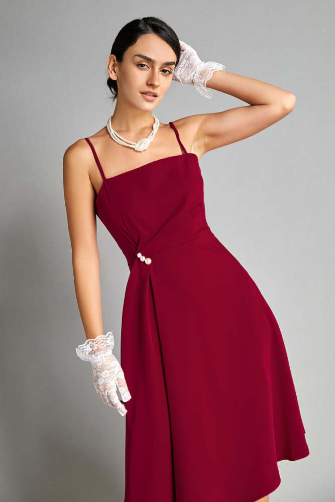 Dark Red Spaghetti Strap Asymmetric Hem Midi Dress