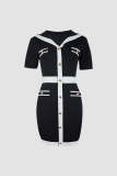 Black Sailor Collar Stripe-Trim Knit Midi Dress