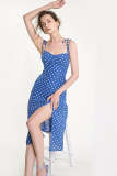 Steel Blue Polka Dot Tie Strap Slit Hem Midi Dress