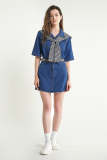 Medium Blue Elastic Waist Denim Dress With Square Scarf Shawl