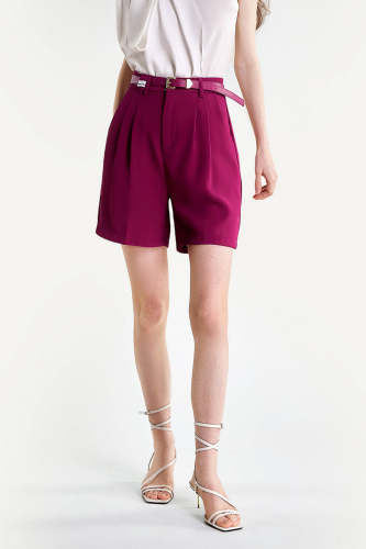 Medium Violet Red Belted Pleat Detail Longline Shorts