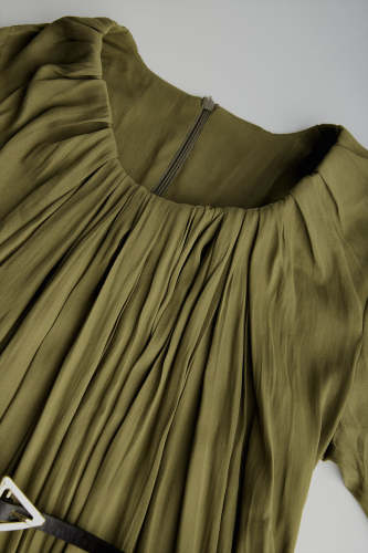 Dark Khaki Belted Pleated Round Neck Maxi Dress