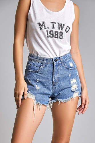 Medium Blue Wash Ripped Fringe Hem Denim Shorts