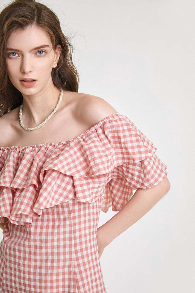 Pink Gingham Off-the-Shoulder Ruffled Mini Dress