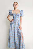 Light Sky Blue Floral Print Square Neck Tie Detail Slit Hem Maxi Dress