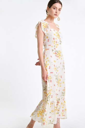 Flash Sale                Old Lace Floral Print Off-the-Shoulder Midi Dress