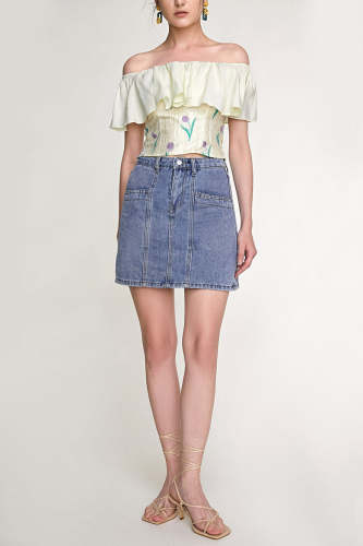 Light Blue Wash High Rise A-Line Mini Denim Skirt
