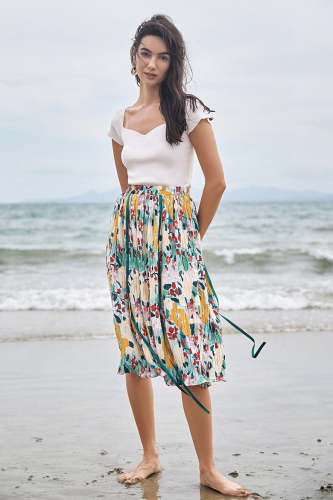 Multicolor Crinkled Floral Print Elastic Waist High Rise Midi Skirt