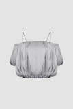 Dark Grey Off-the-Shoulder Ruched PuffBall Crop Top